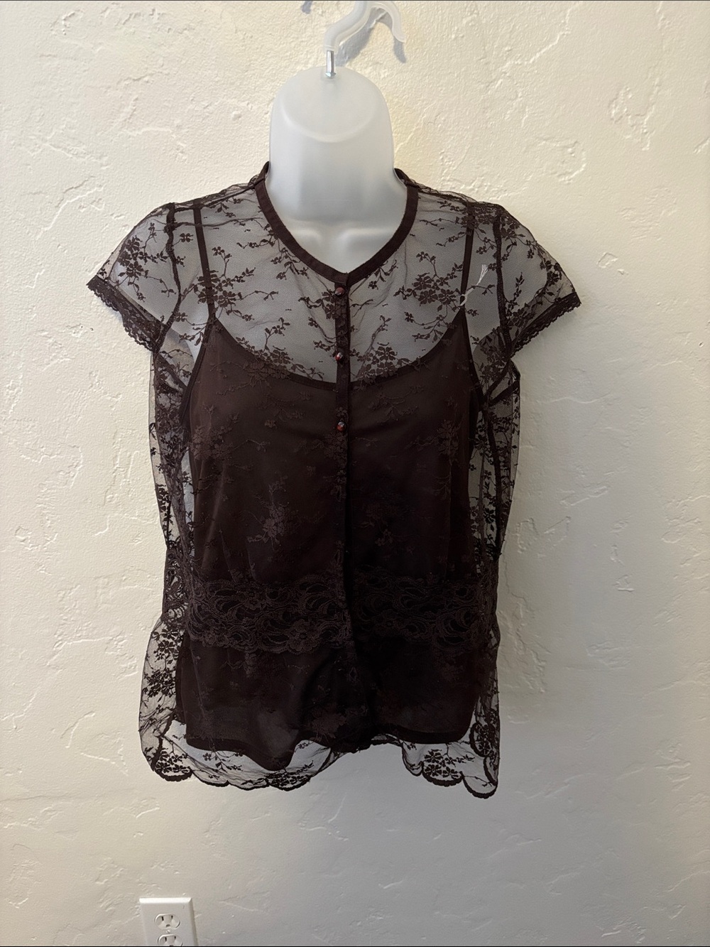 Axcess Dark Brown Sheer Lace Overlay Blouse
